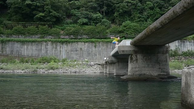Man jumping in a river, Backflip in slowmotion