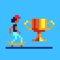 Skater character, skate board champion, golden goblet, skateboarding ride, pixel art vector illustration, design for logo, sticker, mobile app. Game assets 8-bit sprite.