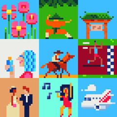 Obraz premium Pixel art set, flowers, ninja, pagoda, woman, cowboy on horse, runner in competitions, wedding, singer, airplane, isolated vector illustration, design for logo, sticker, mobile app. Game assets 8-bit.