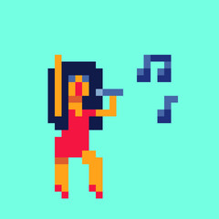 Singer character, woman in red dress singing into a microphone, pixel art vector illustration, design for logo, sticker, mobile app. Game assets 8-bit sprite.