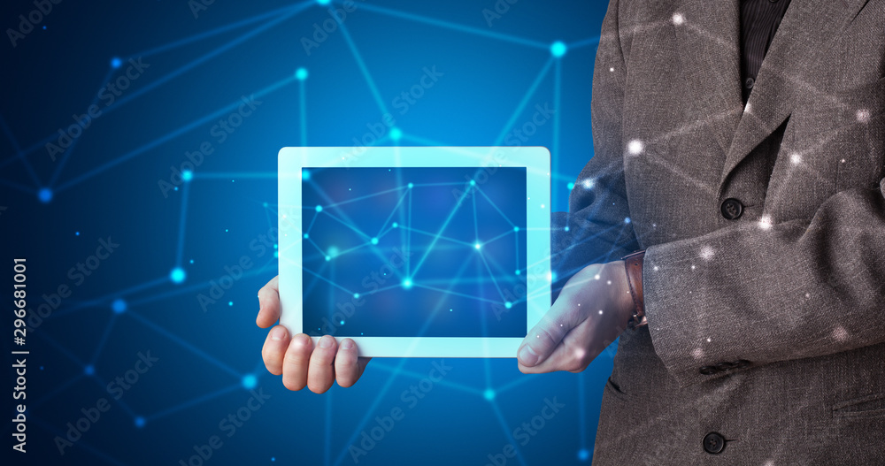 Poster formal hand in a dark space with virtual connection network concept