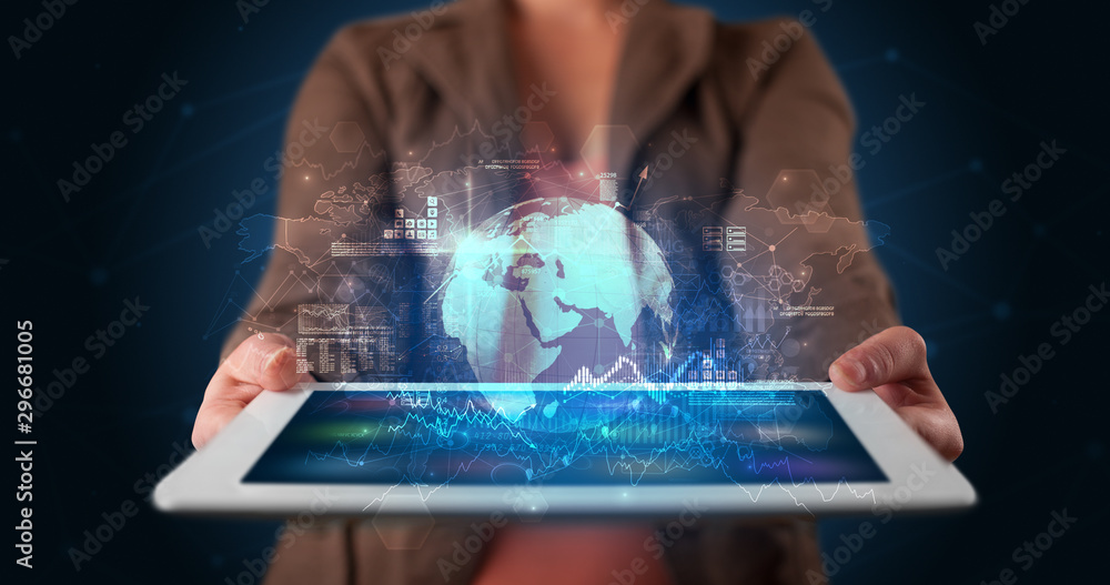 Poster hand holding tablet with global database concept