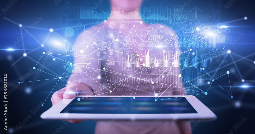 Poster elegant hand holding tablet with virtual database and network concept