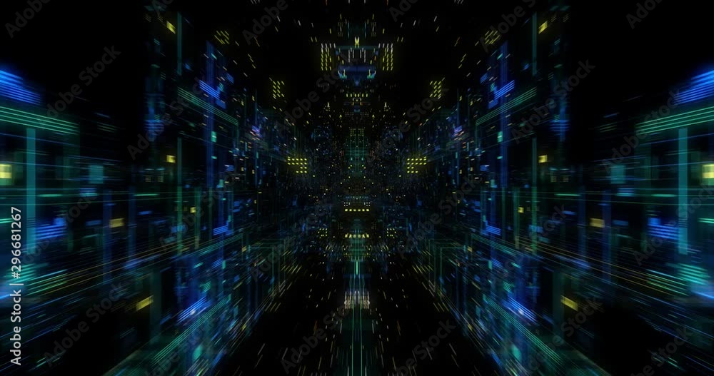 Poster seamless loop abtract internet of things motion background. flying through virtual cyberspace with n