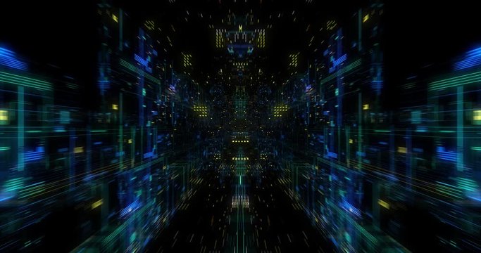 Seamless Loop Abtract Internet of Things motion background. Flying through virtual cyberspace with neon lines and dots elements. Communication network. 3D render