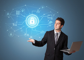 Young smiling person presenting office cloud technology concept