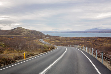 Scenic landscape view of Icelanding road and beatuiful areal view of the nature