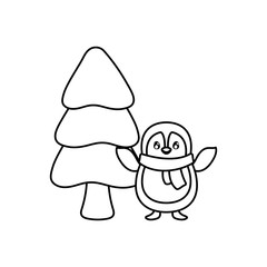 penguin with scarf and christmas tree on white background