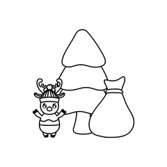 reindeer with christmas tree and gift bag on white background