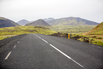 Scenic landscape view of Icelanding road and beatuiful areal view of the nature