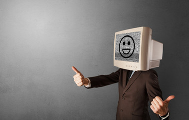 Young person with monitor head, old school smile concept
