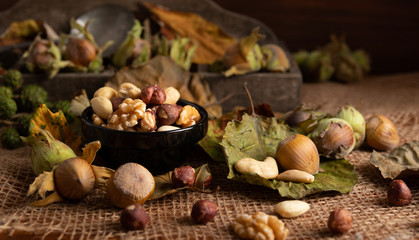 Variation of dried nuts on a autumn theme background with leafs and candle light.