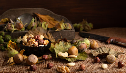 Variation of dried nuts on a autumn theme background with leafs and candle light.