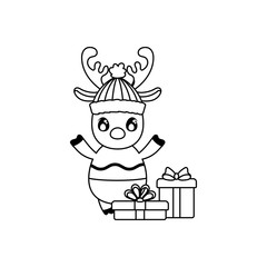 cute reindeer with gift boxes on white background