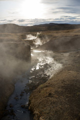 Geothermal area in Krysuvik on early sunny morning, Southern Peninsula (Reykjanesskagi, Reykjanes Peninsula), Iceland