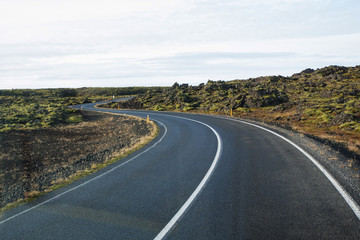 Scenic landscape view of Icelanding road and beatuiful areal view of the nature