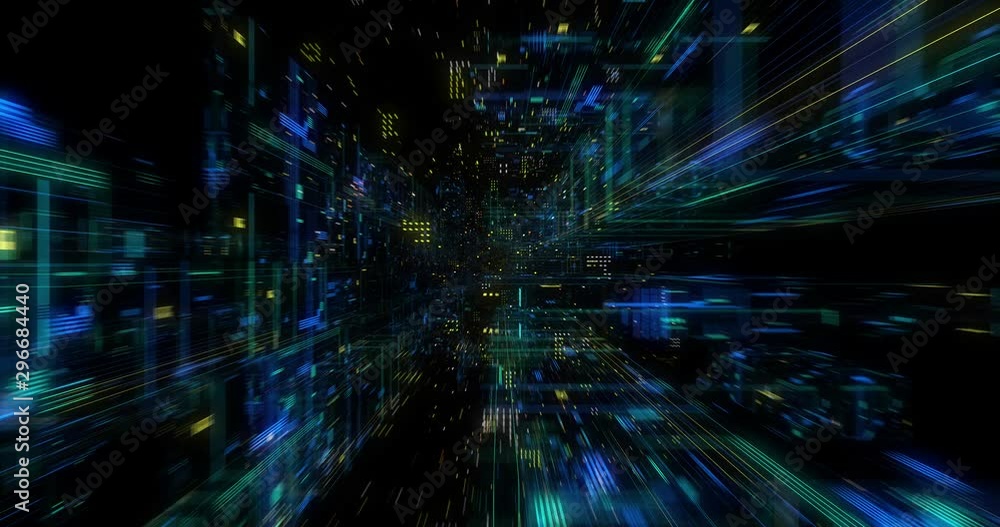 Poster seamless loop abtract internet of things motion background. flying through virtual cyberspace with n