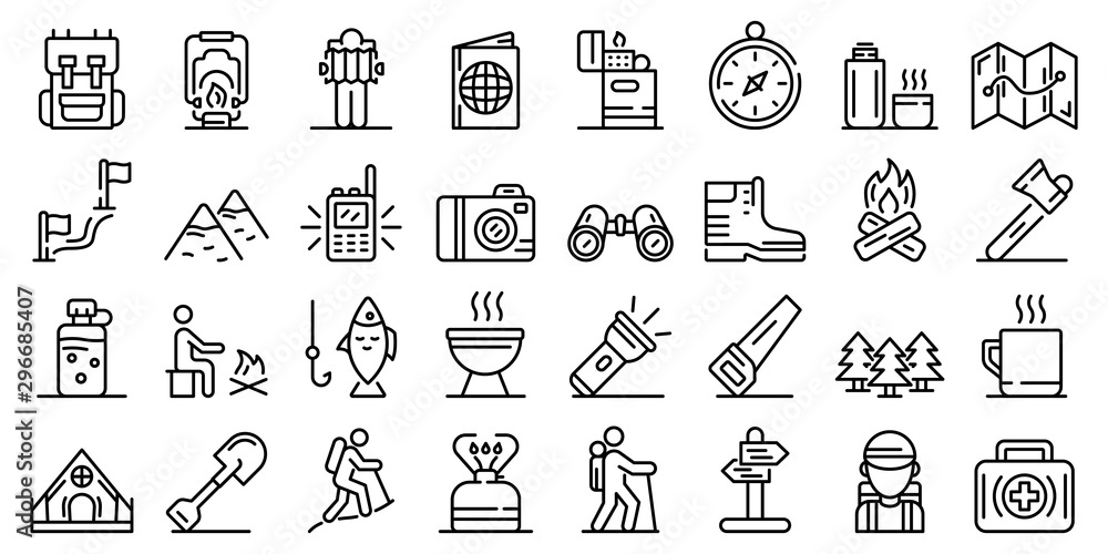 Poster hiking icons set. outline set of hiking vector icons for web design isolated on white background