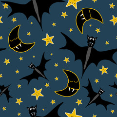 Bats and sleepy vampire moon and stars on dark blue background. Vector seamless pattern.