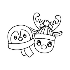 head of penguin and reindeer on white background