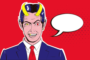 Vector pop art banner of a malevolent laughing devil businessman with horns with speech bubble.