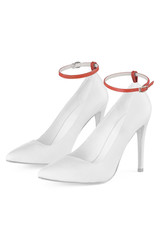 Object photo of a white leather high heels with coral shoe straps on a top of shoes. The photo was...