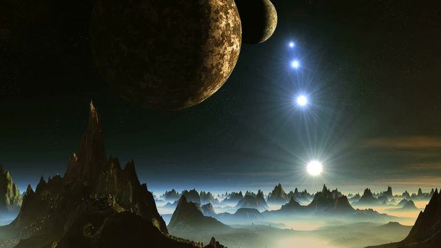 Two Moon and Shooting Stars over Alien Planet. Over the mountains in a dark starry sky two large planets. Bright blue objects (UFO) fly to the horizon. Pink clouds float across the sky. 