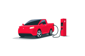 Modern electric smart suv pickup truck car charging parking at the charger station with a plug in cable. Isolated vector illustration on white background. Electrified future transportation e-motion. © petovarga