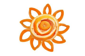 Orange peel in sun shape on white background.