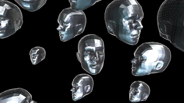 Geometric laser landscape with human faces. Seamless metal new retro wave animation