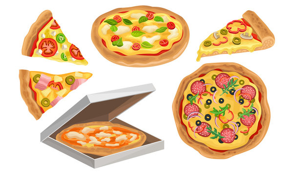 Italian Pizza Vector Illustrated Set. Colorful Restaurant Tasty Isolated Nutrition.