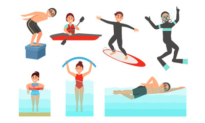 Fototapeta na wymiar People Character Doing Water Active Sport. Summer Vector Illustrated Set