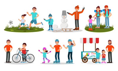 Fototapeta premium Parents and Children Characters Spending Time Together Outdoor Vector Illustrated Set.