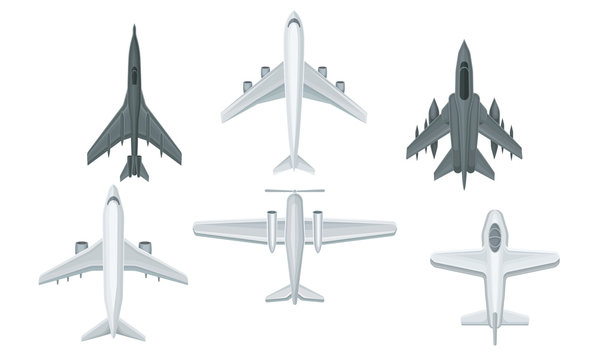 Airplanes and Military Aircraft Top View Vector Illustrated Set