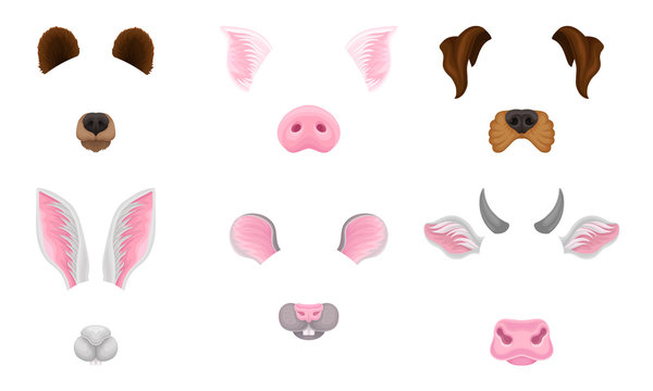 Selfie Animal Faces Effects Vector Illustrated Set. Assets For Entertainment