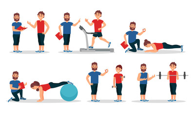 Fototapeta na wymiar Man And Woman Characters In Gym With Personal Trainer Vector Illustrations