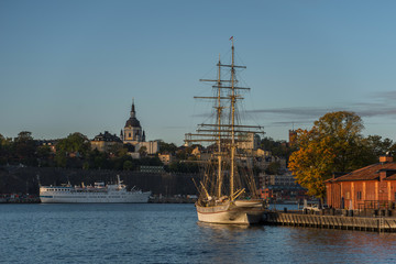 Autumn sea landscape in the inner harbour of Stockholm with ferries and boats.