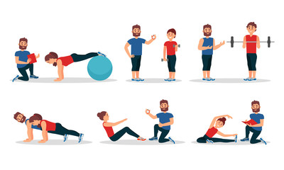 Man And Woman Characters In Gym With Personal Trainer Vector Illustrations