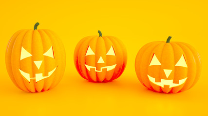 Group of glowing Halloween pumpkins with smile, isolated on orange background. Illustration for the holiday Halloween, Thanksgiving celebration and autumn composition, 3D rendering.