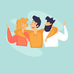 Friends, young people hugging, meeting. Flat design vector illustration