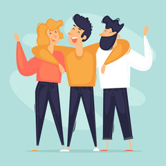 Fototapeta premium Friends, young people hugging, meeting. Flat design vector illustration 