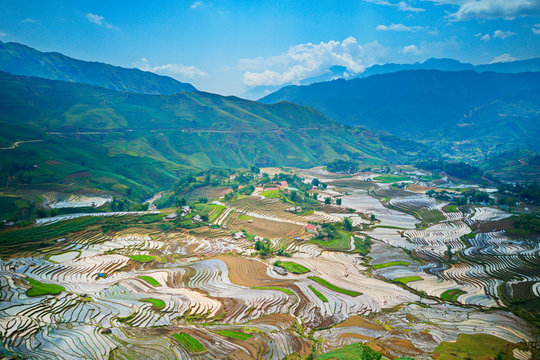 Aerial image of great rice terraces in Y Ty, Lao Cai, Vietnam in watering season (from May to June every year)