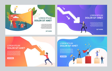 Competition for job illustration set. People working around megaphone, stopping falling graph, standing on podium. Business concept. Vector illustration for topics like human resource or employment