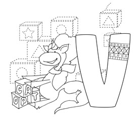 Letter V and funny cartoon unicorn. Handwriting practice. Unicorns playing with cubes. Printable coloring page for kindergarten and preschool. Card for study English. Vector coloring book alphabet a-z