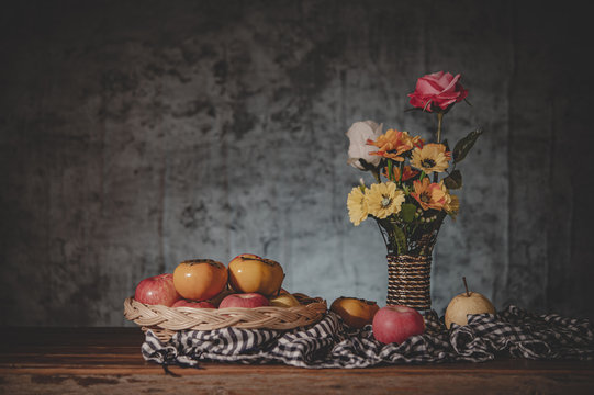 Still Life With Flower Vases And Fruit Baskets