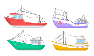 Yachts And Commercial Fishery Ships Vector Illustrated Set