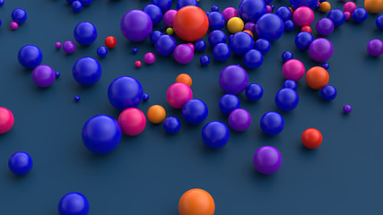 3d render of blue flat surface covered by vibrant blue, red, purple and blue balls.