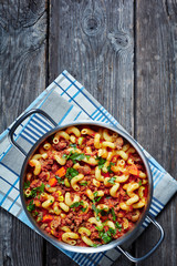 american goulash of elbow pasta, top view
