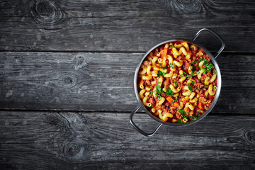 american goulash in a pot, top view