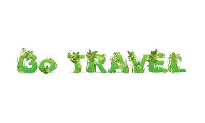 Vector illustration of word Go Travel with capital letters stylized as a rainforest, with green branches, leaves, grass and bushes next to them, isolated on white